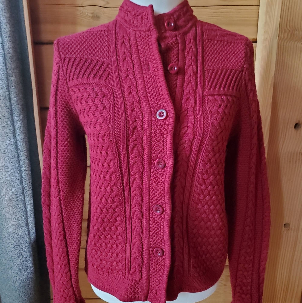 L.L.Bean Dark Cranberry Button Front Stitchworks Cardigan Women's Size Small